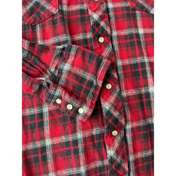 Wrangler Wrancher Red Plaid Mens 2XL TALL Pearl Snap Flannel Western Shirt - Picture 5 of 6